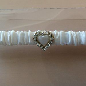 Bridal Garter Off White Satin with Rhinestone Heart